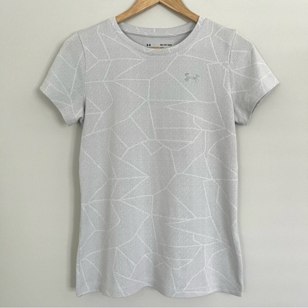 Under Armour Women's White and Grey Geometric Print Active T Shirt, Size XS